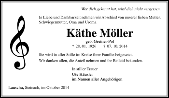 Traueranzeige von Käthe Möller von Südthüringer Presse