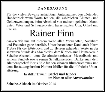Traueranzeige von Rainer Finn von Südthüringer Presse