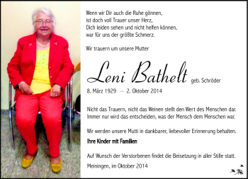 Traueranzeige von Leni Bathelt von Südthüringer Presse