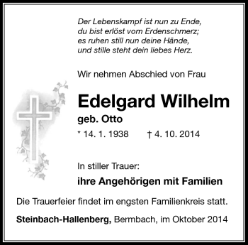 Traueranzeige von Edelgard Wilhelm von Südthüringer Presse