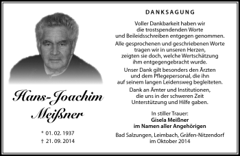 Traueranzeige von Hans-Joachim Meißner von Südthüringer Presse