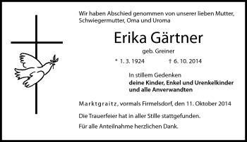 Traueranzeige von Erika Gärtner von Neue Presse Coburg