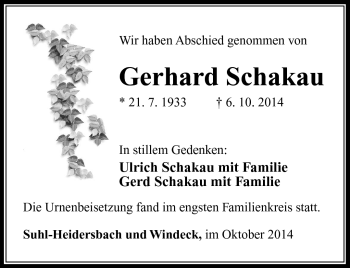 Traueranzeige von Gerhard Schakau von Südthüringer Presse