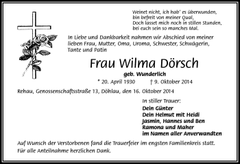 Traueranzeige von Wilma Dörsch von Frankenpost