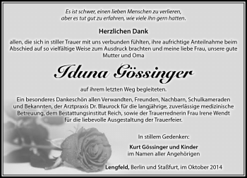 Traueranzeige von Iduna Gössinger von Südthüringer Presse