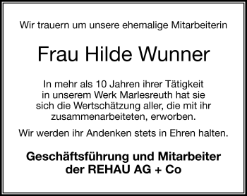 Traueranzeige von Hilde Wunner von Frankenpost