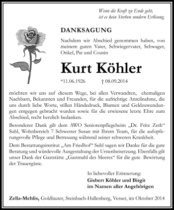 Traueranzeige von Kurt Köhler von Südthüringer Presse