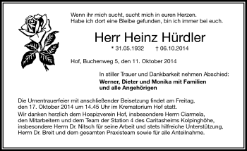 Traueranzeige von Heinz Hürdler von Frankenpost