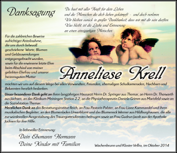 Traueranzeige von Anneliese Krell von Südthüringer Presse
