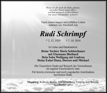 Traueranzeige von Rudi Schrimpf von Südthüringer Presse