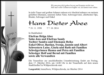 Traueranzeige von Hans Dieter Abee von Südthüringer Presse