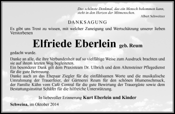 Traueranzeige von Elfriede Eberlein von Südthüringer Presse