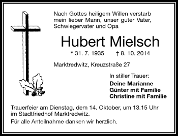 Traueranzeige von Hubert Mielsch von Frankenpost
