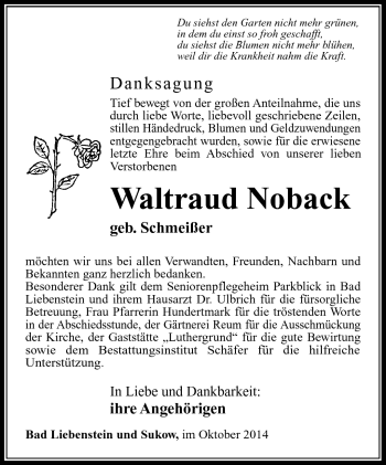 Traueranzeige von Waltraud Noback von Südthüringer Presse