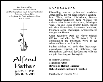 Traueranzeige von Petter Alfred von Südthüringer Presse