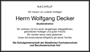 Traueranzeige von Wolfgang Decker von Frankenpost