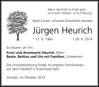 Traueranzeige von Jürgen Heurich von Südthüringer Presse