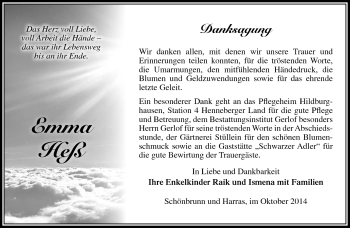 Traueranzeige von Emma Heß von Südthüringer Presse
