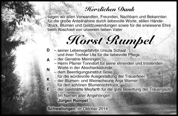 Traueranzeige von Horst Rumpel von Südthüringer Presse