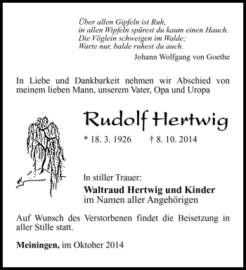 Traueranzeige von Rudolf Hertwig von Südthüringer Presse