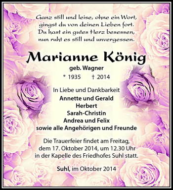 Traueranzeige von Marianne König von Südthüringer Presse