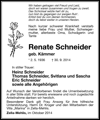 Traueranzeige von Renate Schneider von Südthüringer Presse