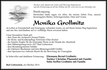 Traueranzeige von Monika Grollmitz von Südthüringer Presse