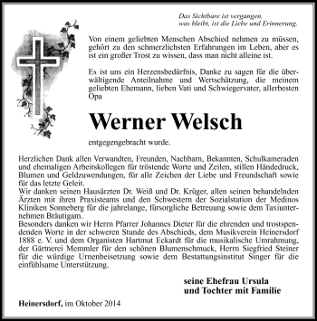 Traueranzeige von Werner Welsch von Südthüringer Presse