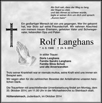 Traueranzeige von Rolf Langhans von Südthüringer Presse