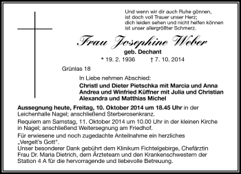 Traueranzeige von Josephine Weber von Frankenpost