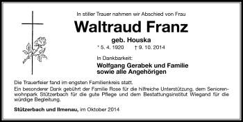 Traueranzeige von Waltraud Franz von Südthüringer Presse