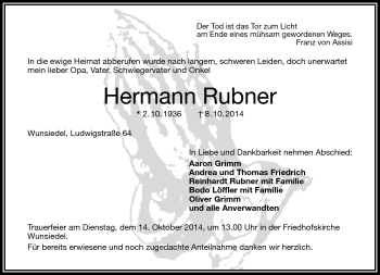 Traueranzeige von Hermann Rubner von Frankenpost