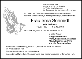 Traueranzeige von Irma Schmidt von Frankenpost