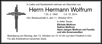 Traueranzeige von Hermann Wolfrum von Frankenpost