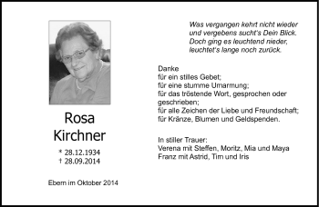 Traueranzeige von Rosa Kirchner von Neue Presse Coburg
