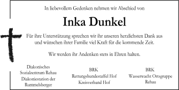 Traueranzeige von Inka Dunkel von Frankenpost