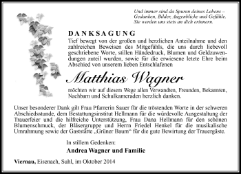 Traueranzeige von Matthias Wagner von Südthüringer Presse