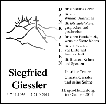Traueranzeige von Siegfried Giessler von Südthüringer Presse