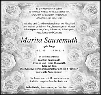 Traueranzeige von Marita Sausemuth von Südthüringer Presse