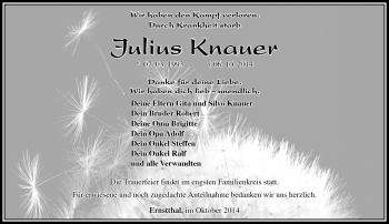 Traueranzeige von Julius Knauer von Südthüringer Presse