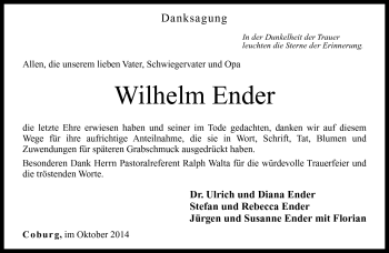 Traueranzeige von Wilhelm Ender von Neue Presse Coburg