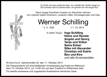 Traueranzeige von Werner Schilling von Neue Presse Coburg