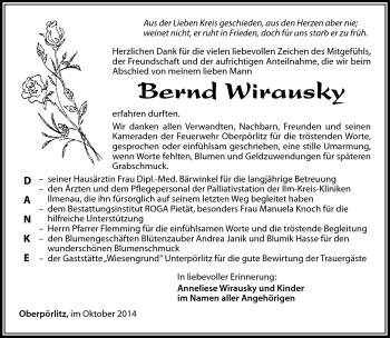 Traueranzeige von Bernd Wirausky von Südthüringer Presse