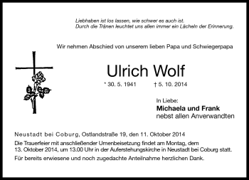 Traueranzeige von Ulrich Wolf von Neue Presse Coburg