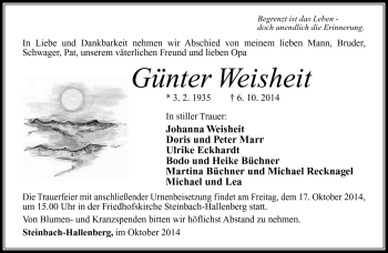 Traueranzeige von Günter Weisheit von Südthüringer Presse