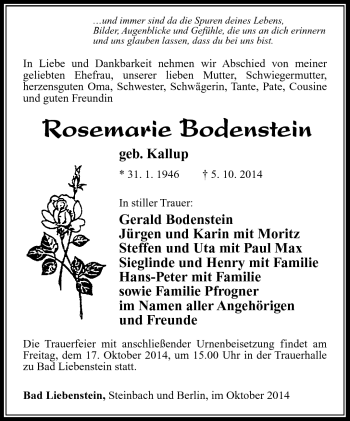 Traueranzeige von Rosemarie Bodenstein von Südthüringer Presse