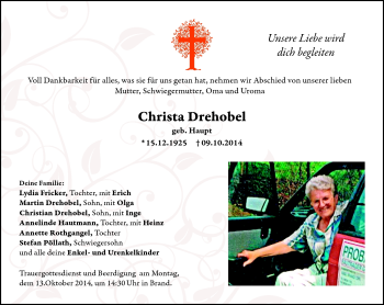 Traueranzeige von Christa Drehobel von Frankenpost