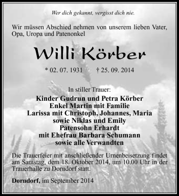 Traueranzeige von Willi Körber von Südthüringer Presse
