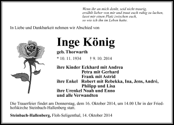 Traueranzeige von Inge König von Südthüringer Presse