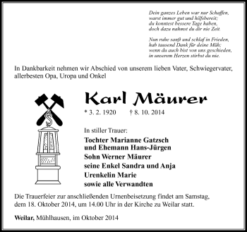 Traueranzeige von Karl Mäurer von Südthüringer Presse